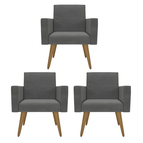 Kit 3 Poltronas Nina Premium: Suede/cinza-escuro