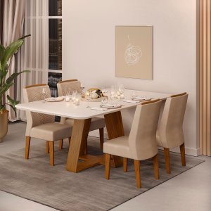 Conjunto de Sala de Jantar 4 Cadeiras Tampo sem Vidro 170x90 Cm Dj Móveis Kiara Freijó Lidia Kraft
