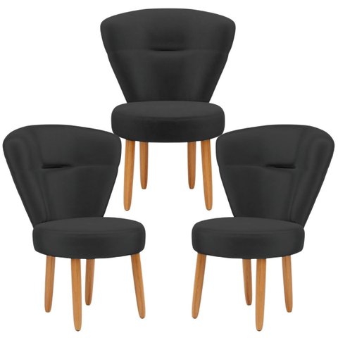 Kit 3 Poltronas para Maquiagem Recepção Estúdio de Beleza Cozinha Tecido Veludo Pés de Madeira