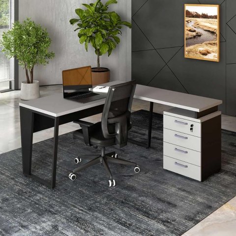 Mesa L 150cm Pé Metal Gaveteiro 4 Gavetas e Chave F5 Office Cor:cinza Sagrado com Preto