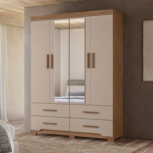 Guarda Roupa Solteiro Ambiente Miami 4 Portas Carvalho Fendi com Espelho - Moval