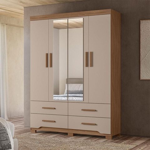 Guarda Roupa Solteiro Ambiente Miami 4 Portas Carvalho Fendi com Espelho - Moval