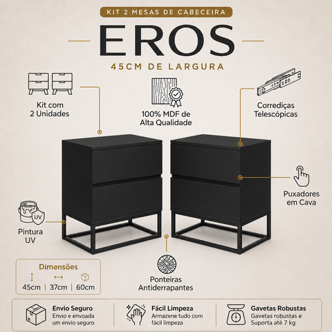 Kit 2 Mesa de Cabeceira Eros Preta 45cm Puxador Moderno em Cava Centralizado