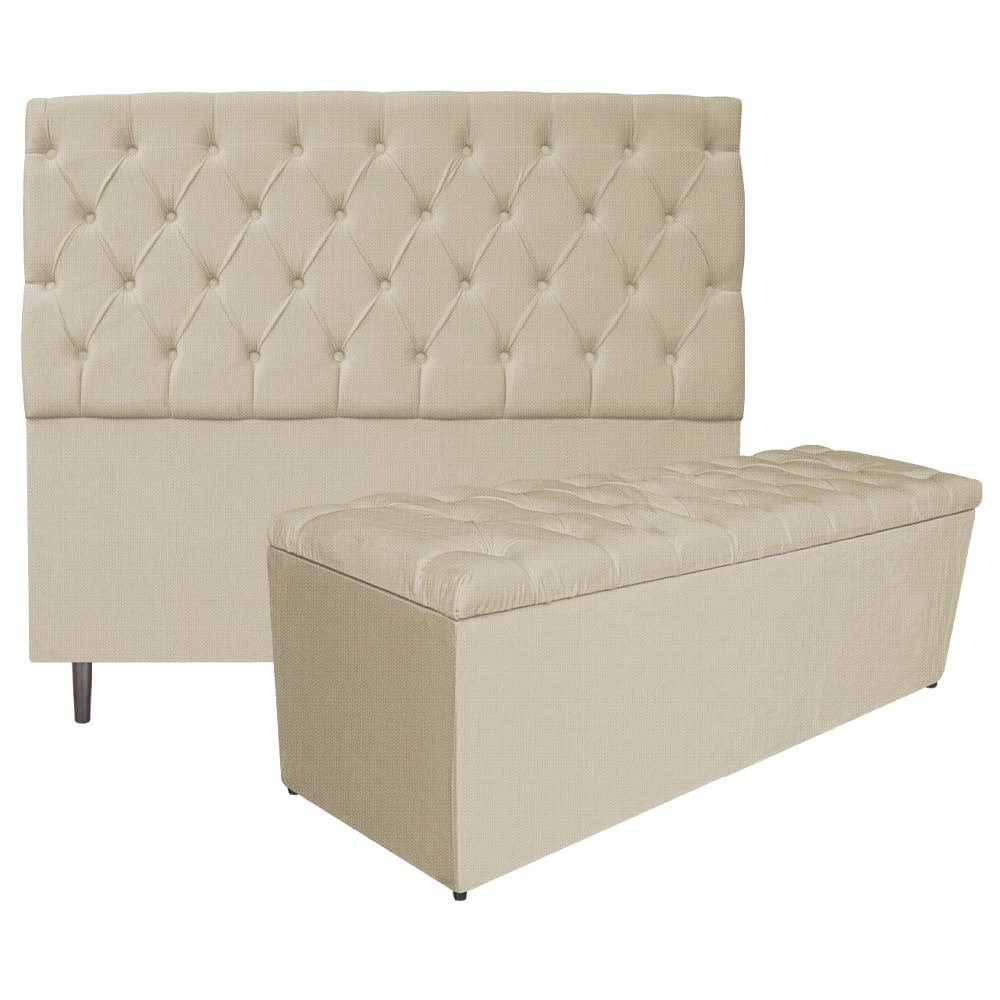 Kit Cabeceira e Calçadeira Liverpool 160 cm Queen Size Linho Bege - Amarena Móveis - 1