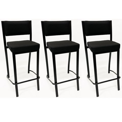 Kit 3 Banquetas para cozinha Empilhável preta assento e encosto estofados em linho cor preto