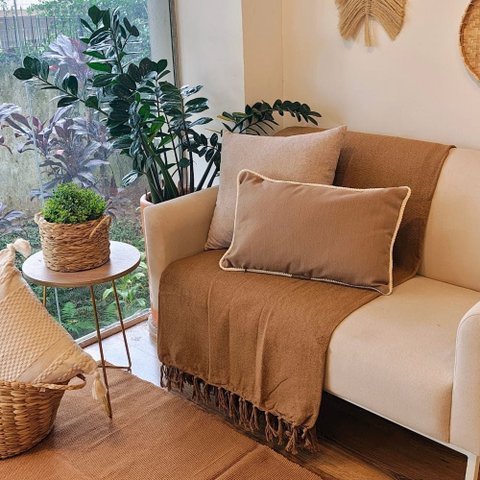 Manta de Sofa 100% Algodao Artesanal Marrom Caramelo 220 x 300 (King)