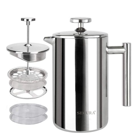 Secura Prensa Francesa de Aço Inoxidável 12oz com 2 Filtros Extras (prata)