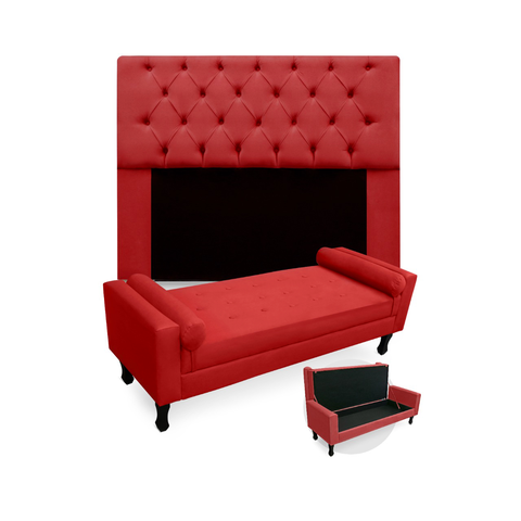 Jogo Com Cabeceira Mirage + Recamier Baú Fenix Queen 160 cm Suede Vermelho - LM DECOR