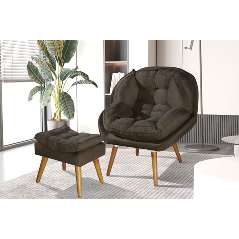 Poltrona+puff Sênior Suede Premium com Pés de Madeira:marrom