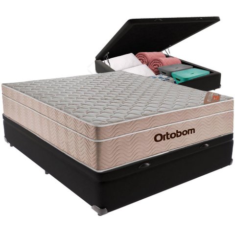 Cama Box Baú e Colchão Airtech Springpocket Molas Ensacadas Viúvo Ortobom Viúvo Preto