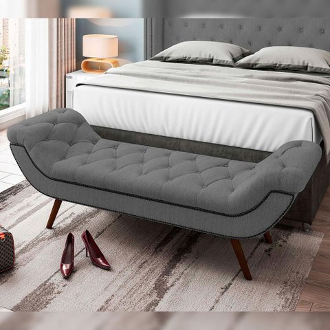 Puff Recamier Decorativo com Tachas 160 cm Santorini Linho Cinza Escuro - Lyam Decor