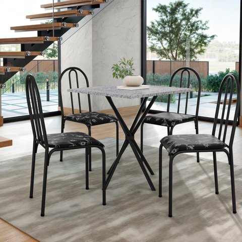 Conjunto Mesa com 4 Cadeiras e Tampo Quadrado Diamante Preto/Floral
