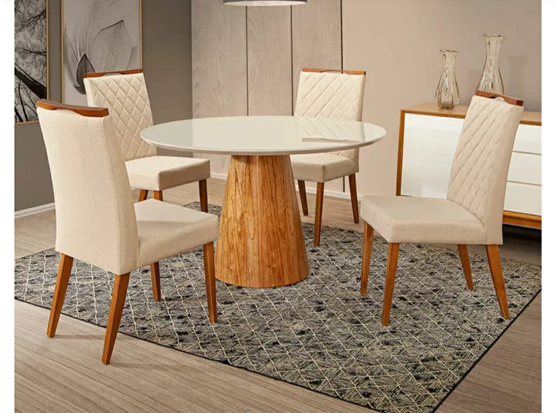 Mesa De Jantar Cone Mel Tampo Redondo 90 cm Com Vidro Off White + 4 Cadeiras Ana Creme - 1