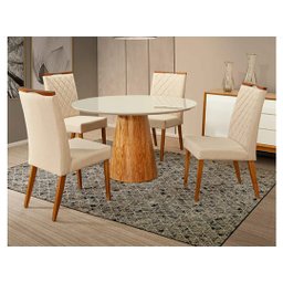 Mesa De Jantar Cone Mel Tampo Redondo 90 cm Com Vidro Off White + 4 Cadeiras Ana Creme - 1