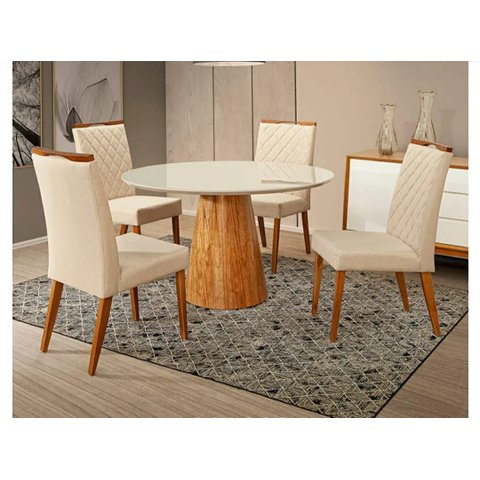 Mesa de Jantar Cone Mel Tampo Redondo 90 cm com Vidro Off White + 4 Cadeiras Ana Creme
