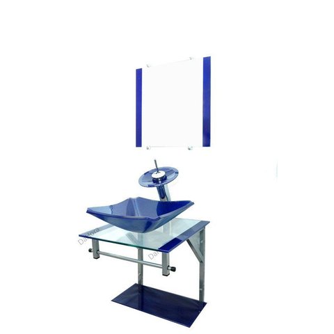 Gabinete de Vidro 40cm Cuba Chanfrada Azul + Torneira Cascata - Dahora
