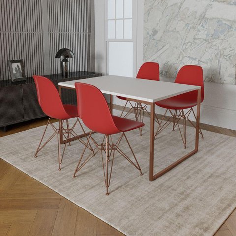 Mesa Industrial Base Ferro Cobre 137x90 Tampo Branco 4 Cadeiras Eiffel Ferro Cobre Assento Vermelho