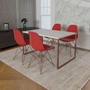 Ver imagem 1 de Mesa Industrial Base Ferro Cobre 137x90 Tampo Branco 4 Cadeiras Eiffel Ferro Cobre Assento Vermelho