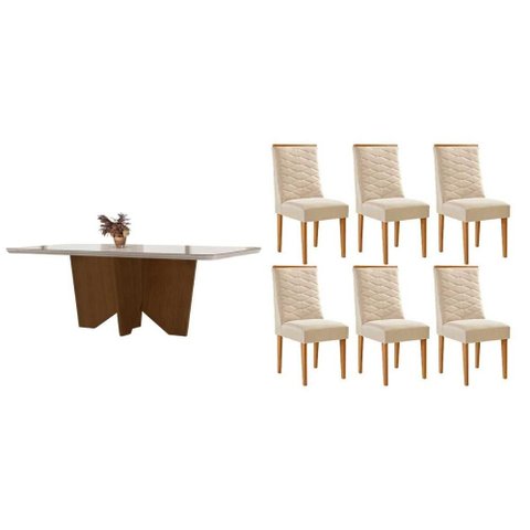 Conjunto: Mesa de Cozinha Nevada Curvo 180cm + 6 Cadeiras Maldivas Madeira Naturale/Off White -