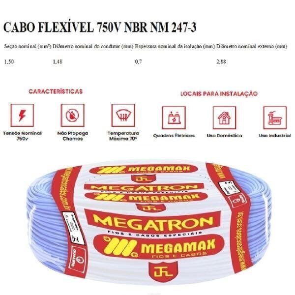 Fio Cabinho Flexível Megatron 1,5 Mm Rolo Com 100M Azul - 2