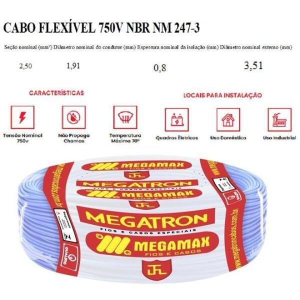 Fio Cabinho Flexível Megatron 2,5 Mm Rolo Com 100M Azul - 2