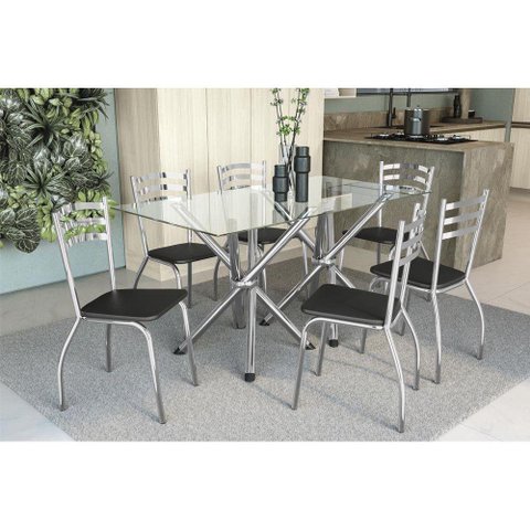 Sala de Jantar Completa Volga c/ Tampo Vidro 150cm + 6 Cadeiras Portugal Cromado/Courano Preto -