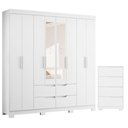 Ver imagem 1 de Guarda Roupa Casal com Cômoda Doble 8 Portas de Bater com Espelho 4 Gavetas MDP Branco Freijo