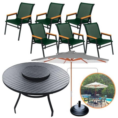 Jogo de Mesa Giratória 6 Cadeiras Resistente Piscina Área Externa + Guarda Sol Verde