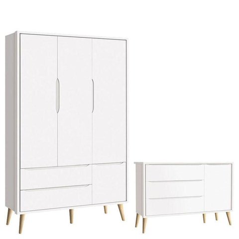 Cômoda Infantil com Porta e Guarda Roupa 3 Portas Theo Branco Acetinado Pés Madeira Natural ?