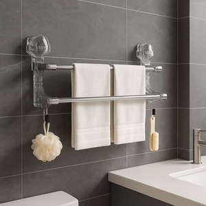 Toalheiro Duplo com Ventosa em Aço Inox e Acrílico Porta Toalha– Instalação sem Furos e Alta Durabil