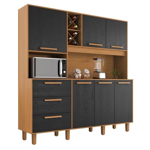 Armário para Cozinha Kit Max 181 Cm 6 Portas 3 Gavetas Cinamomo Preto Catedral Fosco - Zanzini