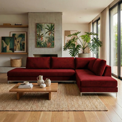 Sofá de Canto 5 Lugares com Chaise Lado Direito em Veludo Vermelho 293x200cm