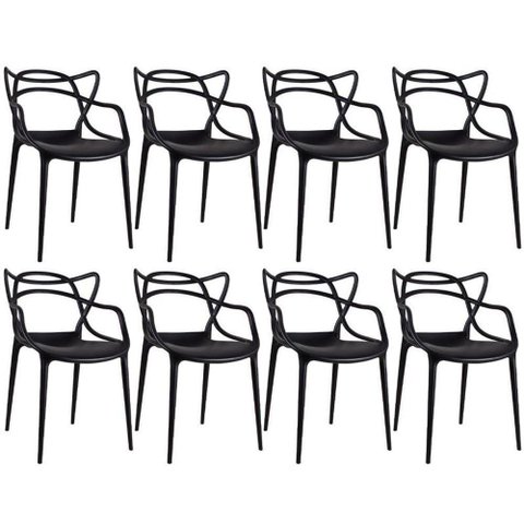 Kit 8 Cadeiras Reforçadas Empilhavel Masters Allegra Jardim Churrasqueira Sala Cozinha Jantar Preto