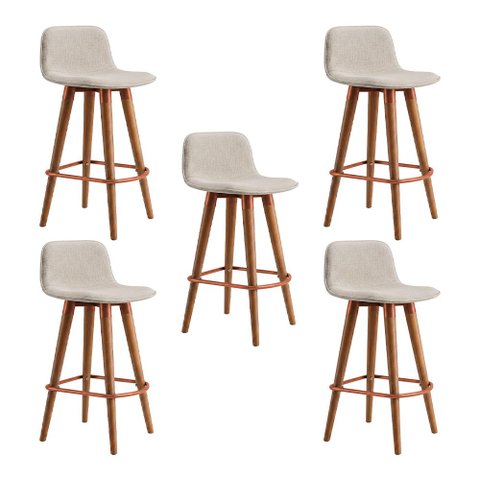 Kit 5 Banquetas Linea Baixa Luxo Aço Cobre Assento Linho Cozinha Ilha Design Moderno - Cobre/Palha