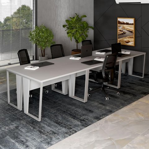 Mesa Trabalho Escritório 6 Pessoas 360cm Pé Metal F5 Office Cor:cinza