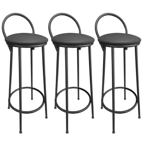 Kit 3 Banquetas Alta Drink Estofada de Metal Banco Alto para Cozinha Bar Balcão Preta