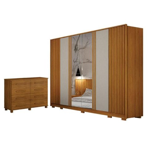 Guarda Roupa Casal Evo 6 Portas com Espelho Cinamomo e Off-white com Cômoda San Marino 8 Gavetas