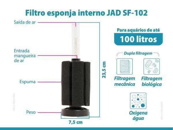 Filtro Esponja Interno Médio Para Aquário Jad Sf-102 - 2