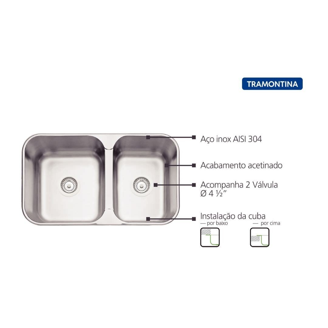 Cuba de Embutir/sobrepor Tramontina Isis 2c 34-28 Bs em Aço Inox Acetinado 69x40 com 2 Cubas Tramont - 3