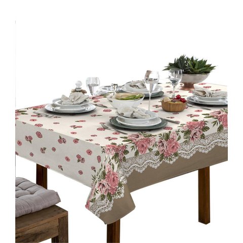 Toalha De Mesa Linhão 4 Lugares Quadrada Floral Bege