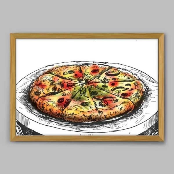 Quadro Cozinha Pizza Aquarela - 45x30cm - Moldura Caixa Madeira - 1