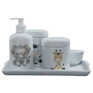 Kit Higiene Bebê Safari 5 Peças - Bandeja, Potes, Porta Álcool e Molhadeira - Tudo Porcelana