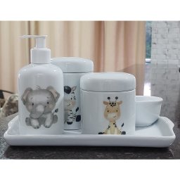 Kit Higiene Bebê Safari 5 Peças - Bandeja, Potes, Porta Álcool e Molhadeira - Tudo Porcelana - 2