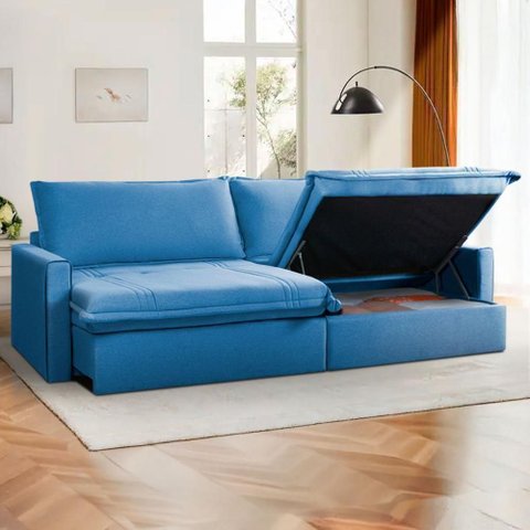 Sofá Cama Baú Ravello sem Caixa 2,76m Linho Azul 3 Lugares