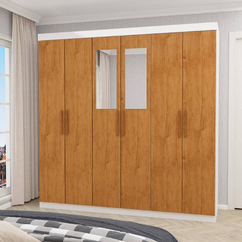 Guarda-Roupa Solteiro com Espelhos 6 Portas e 2 Gavetas 153cm Multimóveis CR35563 Branco/Madeirado