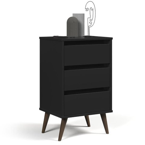 Mesa de Cabeceira Retrô Wood 3 Gavetas Preto – EJ Móveis