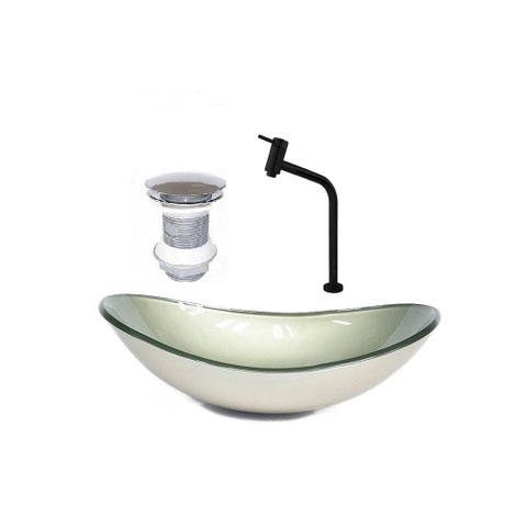 CUBA DE VIDRO OVAL 55CM CHAMPANHE + VALVULA + TORNEIRA PRETA
