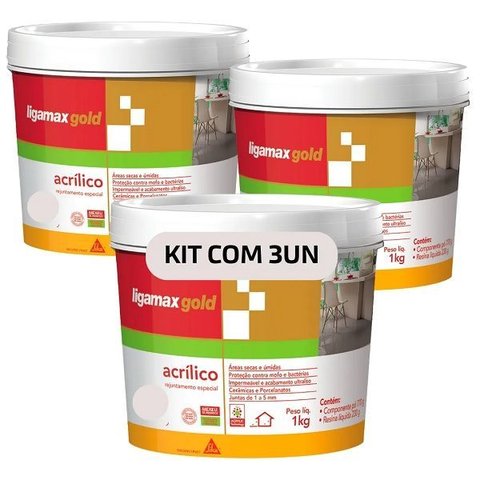Kit 3 Rejunte Acrilico Ligamax Gold 1kg Cinza Claro