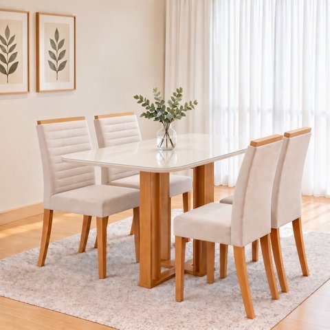 Conjunto Sala de Jantar Mesa Manu 120cm Tampo MDF Vidro Canto Arredondado 4 Cadeiras Tainá