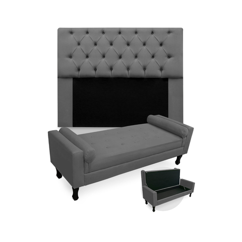 Conjunto Cabeceira Mirage Com Recamier Baú Fenix Casal 140 cm Suede Cinza - LM DECOR
